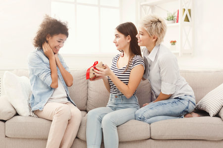 Friends Gather in Living Room to Share Gifts and Emotions During a Joyful Momentの写真素材