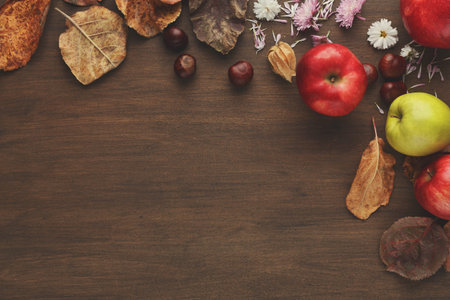 Collection of Autumn Fruits and Leaves Arranged in a Collage on a Wooden Background