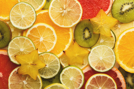Colorful Fruit Collage Showcasing Various Kinds of Citrus and Tropical Fruits in a Set