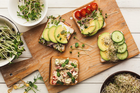 Healthy Sandwich Collage Showcasing Fresh Ingredients on a Wooden Platter During a Cooking Session