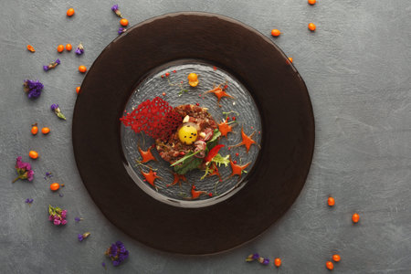 Colorful Food Collage With Unique Presentation on a Round Plateの写真素材