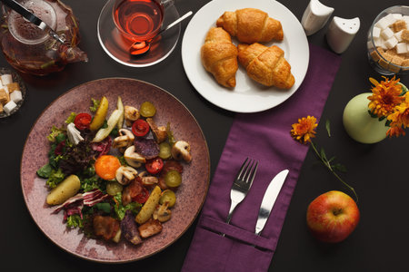 Collage of Food Items on a Table With Tea and Flowers During Lunchtime