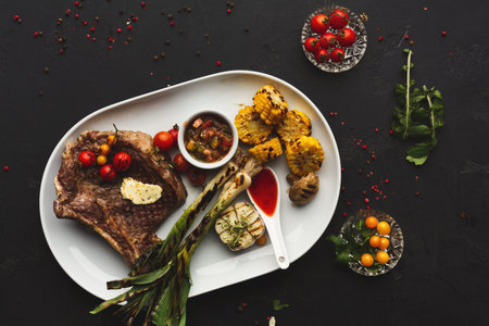 Delicious Meal With Steak, Grilled Vegetables, and Fresh Tomatoes for Summer Dinner