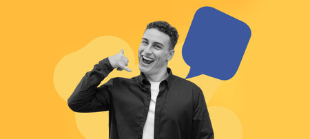 Man Makes a Phone Gesture While Smiling in a Yellow and Blue Collage Set