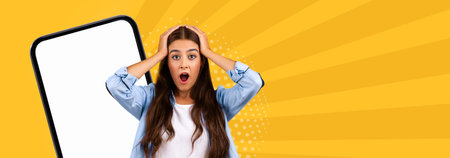 Surprised Woman With Hands on Head Looking at Phone in Bright Yellow Collage Background