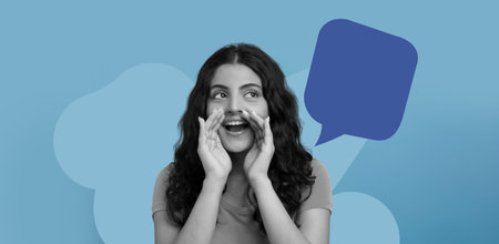 Woman Shouts With Excitement in a Collage Set Featuring Bright Colors and Playful Shapesの写真素材