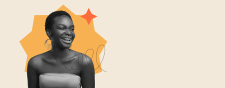 Collage Showing a Woman Smiling Against a Colorful Background During a Cheerful Momentの写真素材