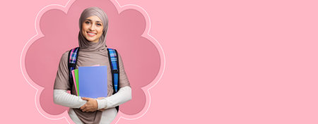 Young Woman With a Backpack Holding Books and Smiling at a Pink Background in a Collage Formatの写真素材