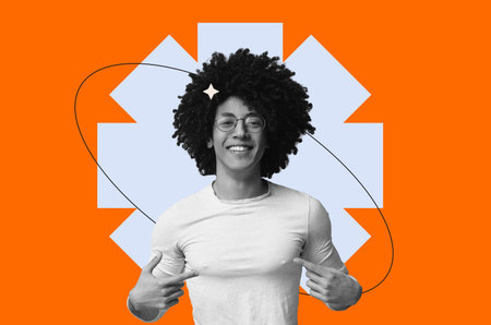 Person With Curly Hair Points to Self in a Colorful Collage Design During Daylight Hours