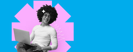 Creative Collage Showing a Person Using a Laptop on a Colorful Backgroundの写真素材