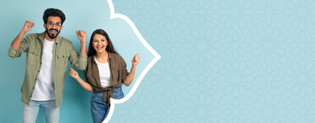 Couple Celebrates Together in a Joyful Collage With Light Blue Background and Patternの写真素材