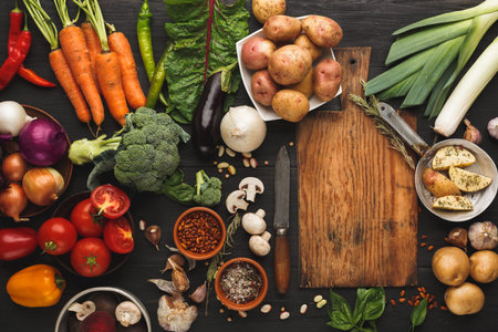 Collection of Fresh Vegetables and Ingredients on a Wooden Table Ready for Cooking