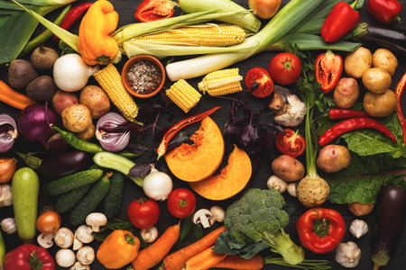 Collection of Fresh Vegetables Arranged in a Mosaic Style on a Dark Surface