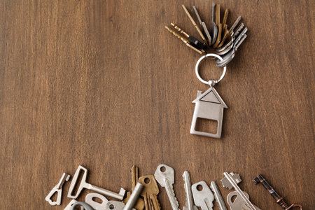 Collection of Keys With a House-Shaped Keychain on a Wooden Table