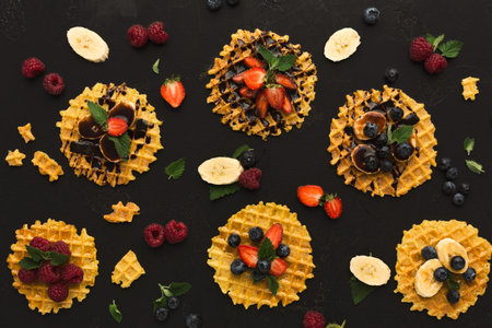 Different Types of Waffle Desserts Arranged in a Creative Way on a Dark Surface