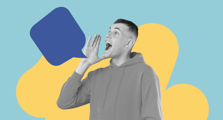 Creative Collage of a Person Speaking With Colorful Shapes in the Background