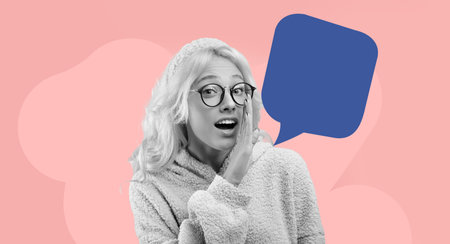 Creative Collage Showcasing a Woman Speaking Into a Speech Bubble on a Colorful Background
