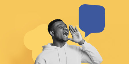 Man Shouting in a Set Collage With a Yellow Background and a Speech Bubble Graphic