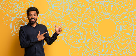 Collage of a Man Pointing Towards Decorative Wall Art in a Bright Room During Daytime