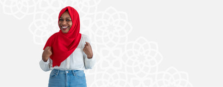 Collage of a Woman in Red Hijab Smiling Against a Light Background