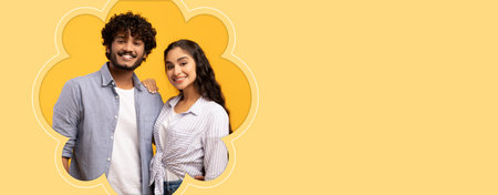 Young Friends Smile and Pose for a Collage on a Yellow Background Indoors