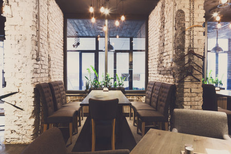 Collage of a Modern Cafe Interior With Seating and Plants at Different Times of the Day