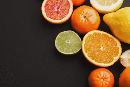 Heap of citruses on white wood, copy space