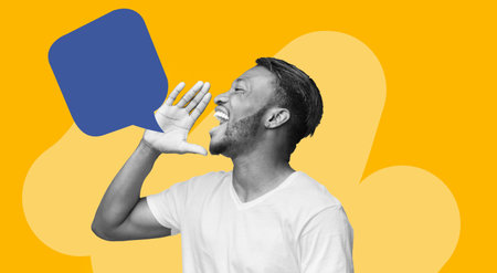 Man Shouting With Speech Bubble in a Colorful Collage of Shapes and Designs