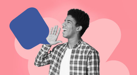 Young Man Smiling and Shouting in a Collage of Colorful Shapes and Patterns