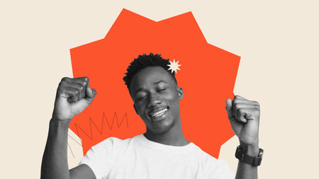 Happy Young Man Celebrating Joy With Raised Fists in a Bright Collage Backgroundの写真素材