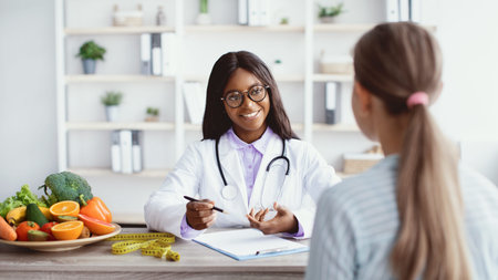 Nutritionist Advises a Young Girl on Healthy Eating and Meal Planning in Consultation Room