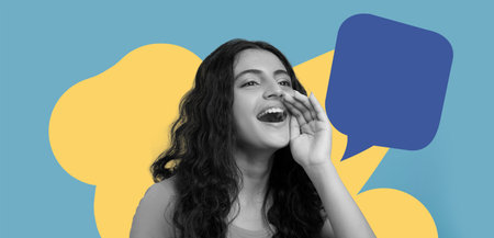 Young Woman Shouts in Excitement, Creating a Vibrant Collage With Bright Colors and Shapes