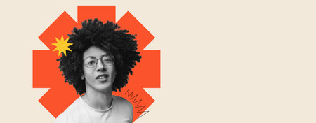 Collage Featuring a Person With Curly Hair and Glasses Against a Colorful Background