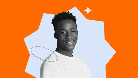 Collage Showing a Young Man Smiling in Front of a Bright Background With Geometric Shapes