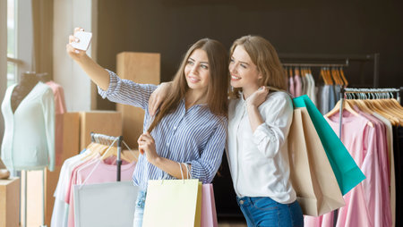 Beautiful girls with shopping bags taking selfie with cellphone