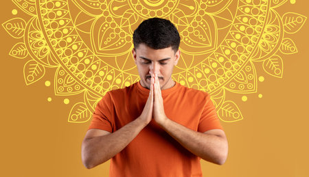 Man Practices Mindfulness With Hands Together in a Collage Set of Colorful Patterns and Designsの写真素材