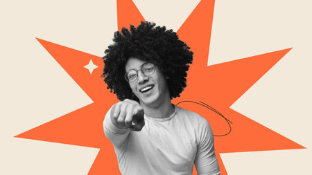 Young Person With Curly Hair Points at the Viewer in a Colorful Collage Design