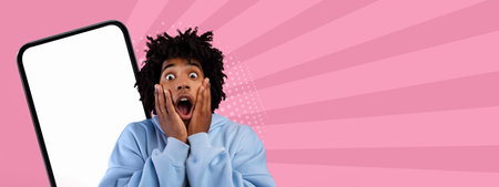 Surprised Young Person Expressing Shock While Standing Next to a Blank Phone Screen in a Collage