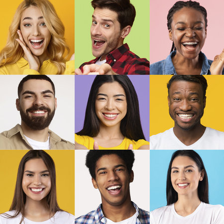 People Smiling in a Colorful Collage Set With Bright Backgrounds During a Joyful Gathering