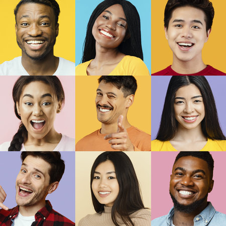 Collage of Happy People Smiling in Colorful Backgrounds Showing Joy and Diversityの写真素材