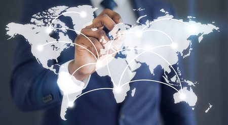 Businessman showing with connections on the word map