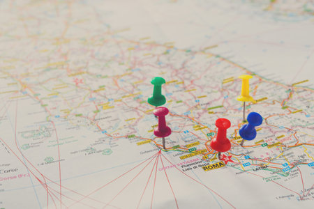 Colored Pins Are Placed on a Detailed Map of Italy Showing Various Locations