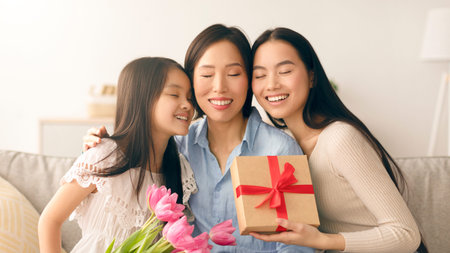 Family Enjoys a Special Moment Together While Celebrating an Occasion With Gifts and Flowers