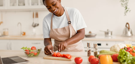 Woman Chops Tomatoes in Modern Kitchen While Preparing Fresh Salad and Dinner