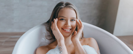 Woman Smiling and Enjoying a Bath With Bubbles in a Modern Setting During Daytime