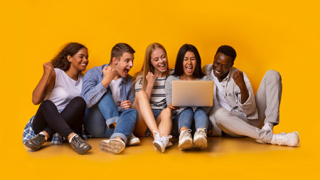 Group of students checking exam results online over yellow background