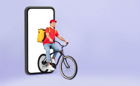 Delivery Rider on Bike Entering Mobile Phone Display in a Bright Setting