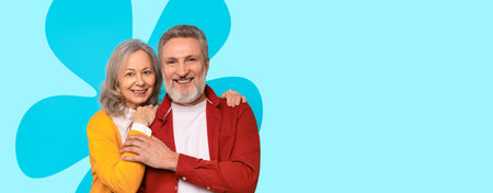 Happy Couple Enjoying a Moment Together in a Colorful Setting With Blue Background