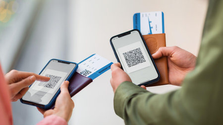 Two Individuals Using Smartphones To Access Boarding Pass And Qr Code, Airport Setting