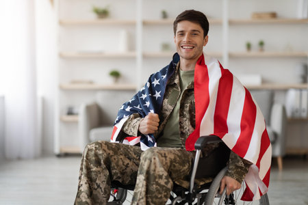 Happy Young Man In Wheelchair Wrapped In American Flag, Smiling At Home, Inclusive And Empowering Concept